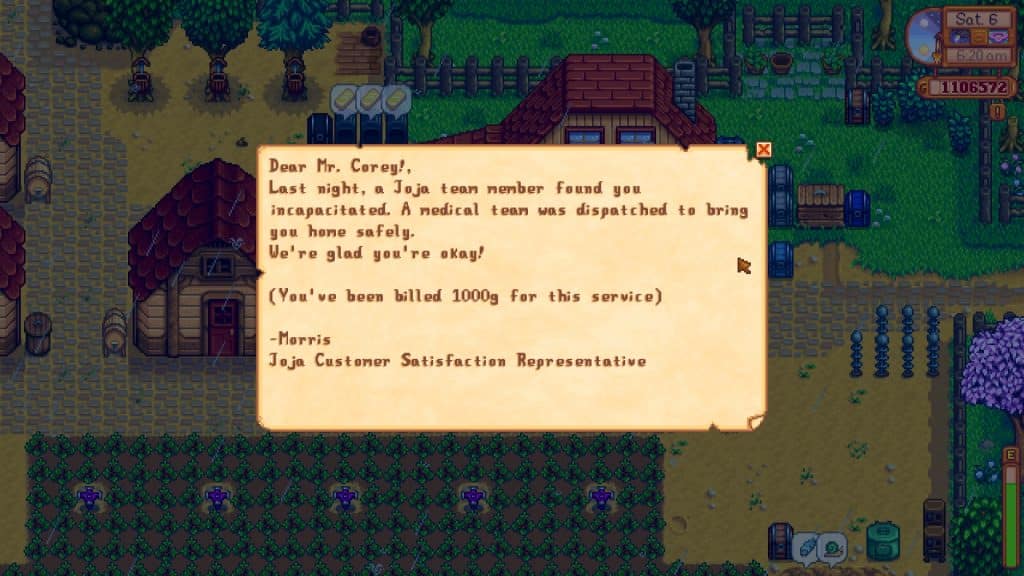 The image portrays an invoice in game from a Joja team member charging the player 1000g for bringing them home after passing out in Stardew Valley.