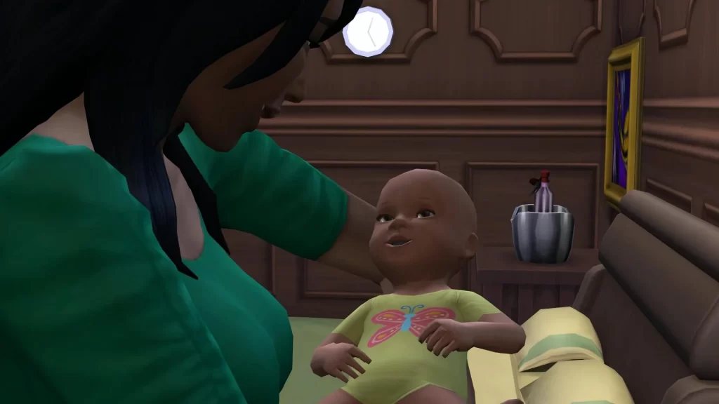 A mother Sim holding her baby in The Sims 4
