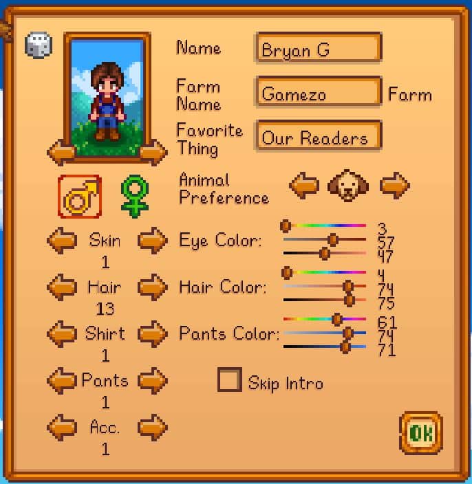 The image is a preview image of the options in game for customizing your character in Stardew Valley.