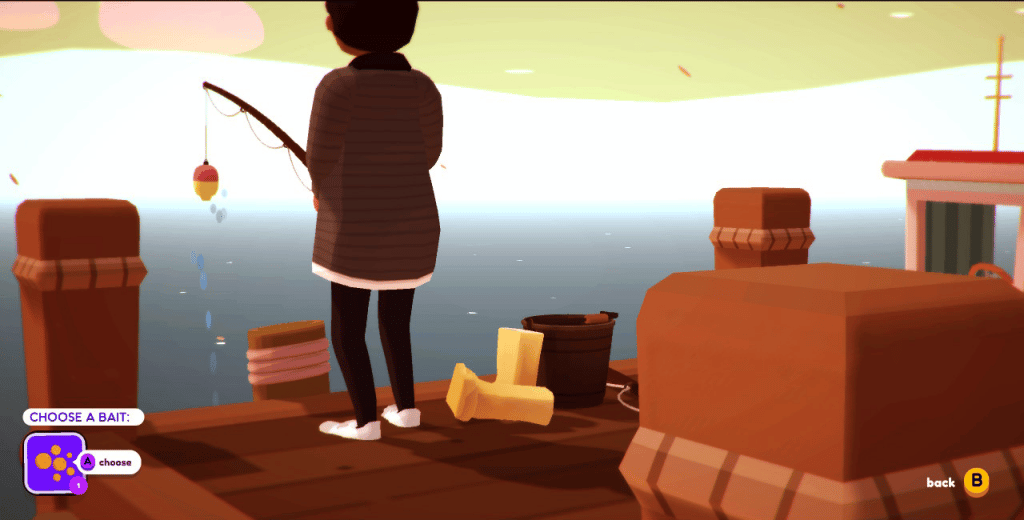 Ooblets character fishing on pier.