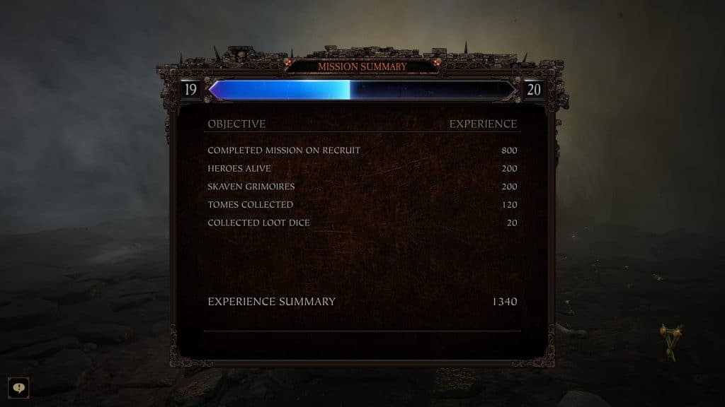 Warhammer Vermintide 2 mission summary screen.