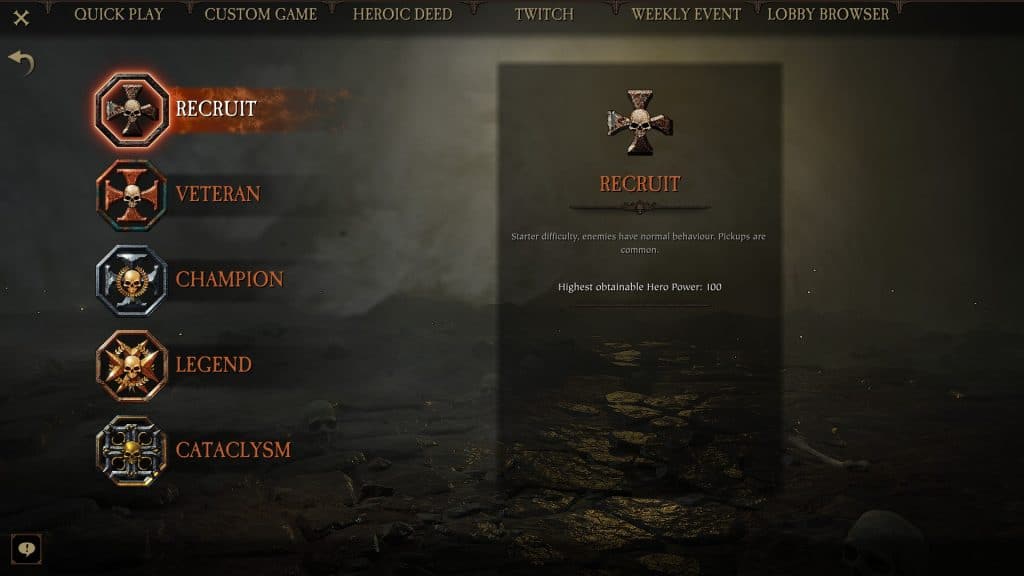 How to level up fast in Warhammer Vermintide 2 - difficulty selector.