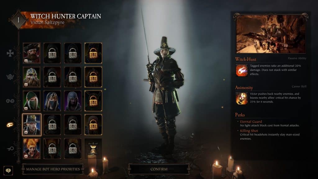 How to unlock all classes in Warhammer Vermintide 2 - Saltzpyre on character selection.