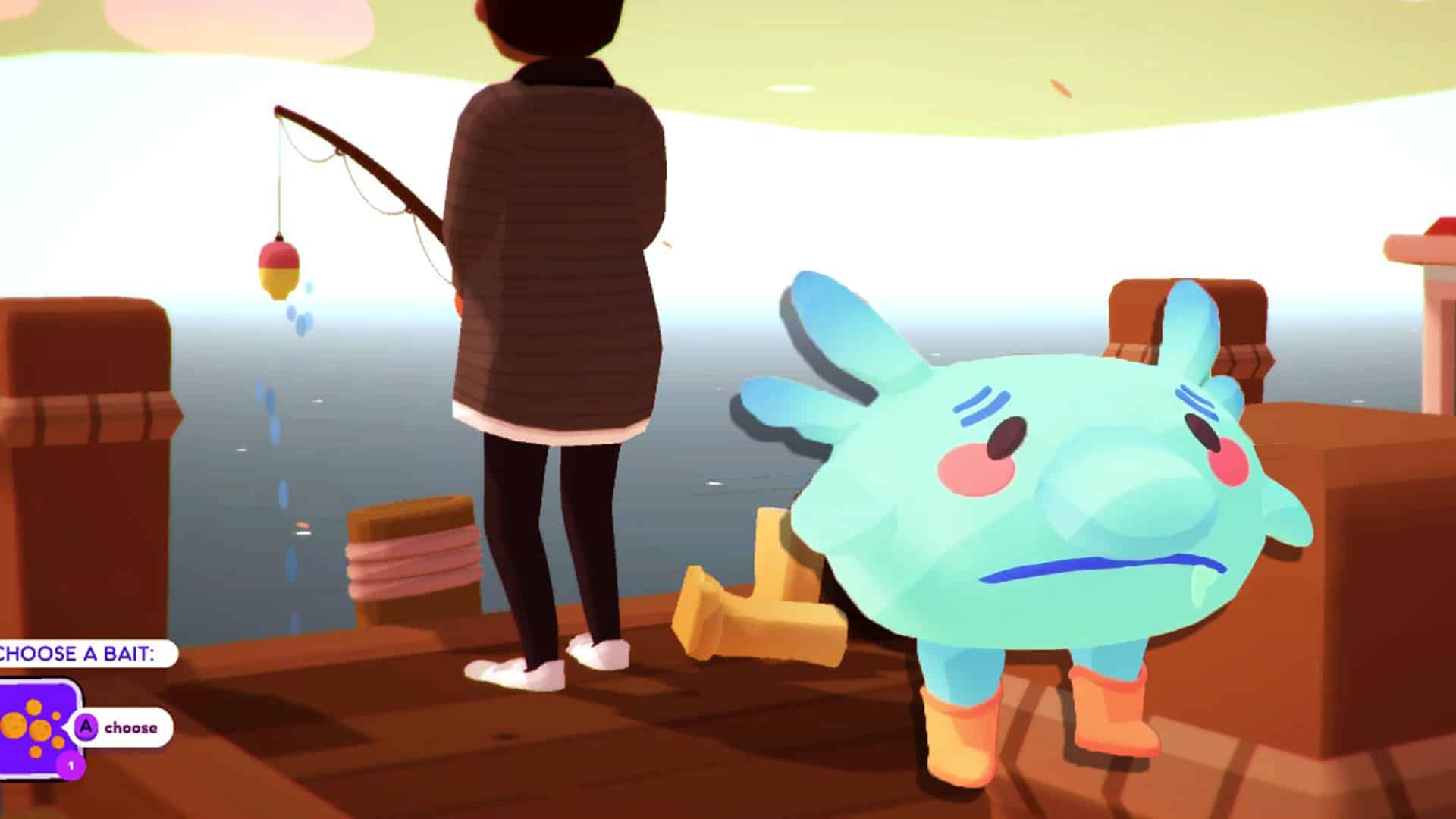 ooblets character fishing on pier with an Angkze on the image.