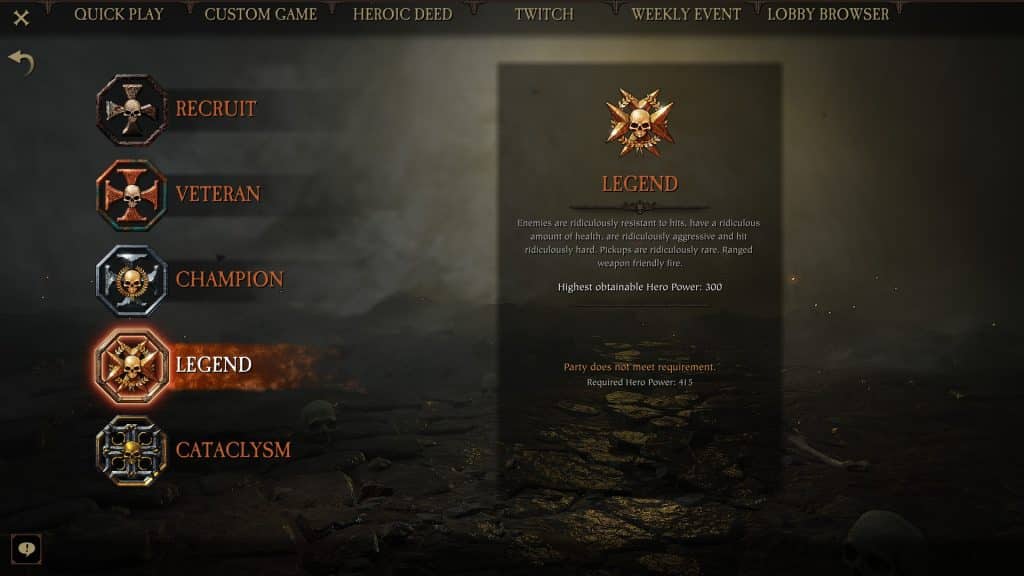 Warhammer Vermintide 2  how to get better weapons -  Legend difficulty screen.