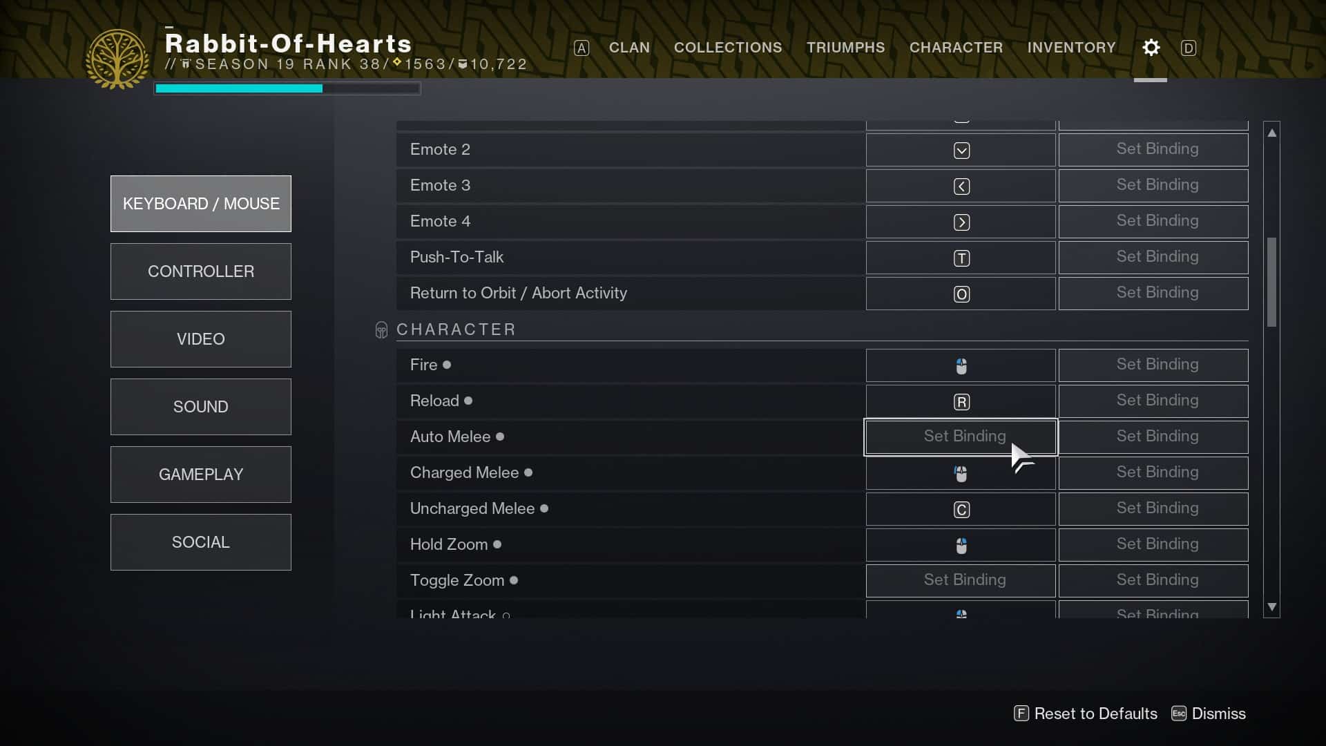 How to unbind keys in Destiny 2 - keybind menu.