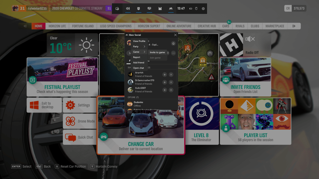 Xbox Game Bar overlay to invite your friend to play Forza Horizon 4