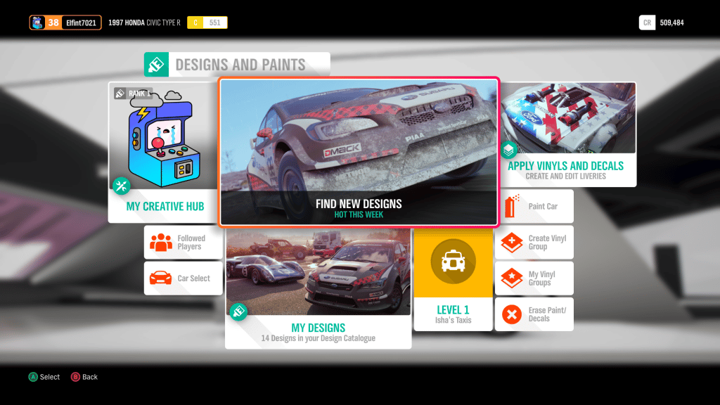 Design and paints menu in Forza Horizon 4