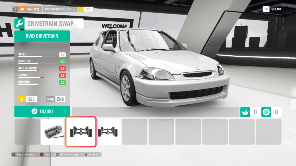 Drivetrain upgrade menu in Forza Horizon 4