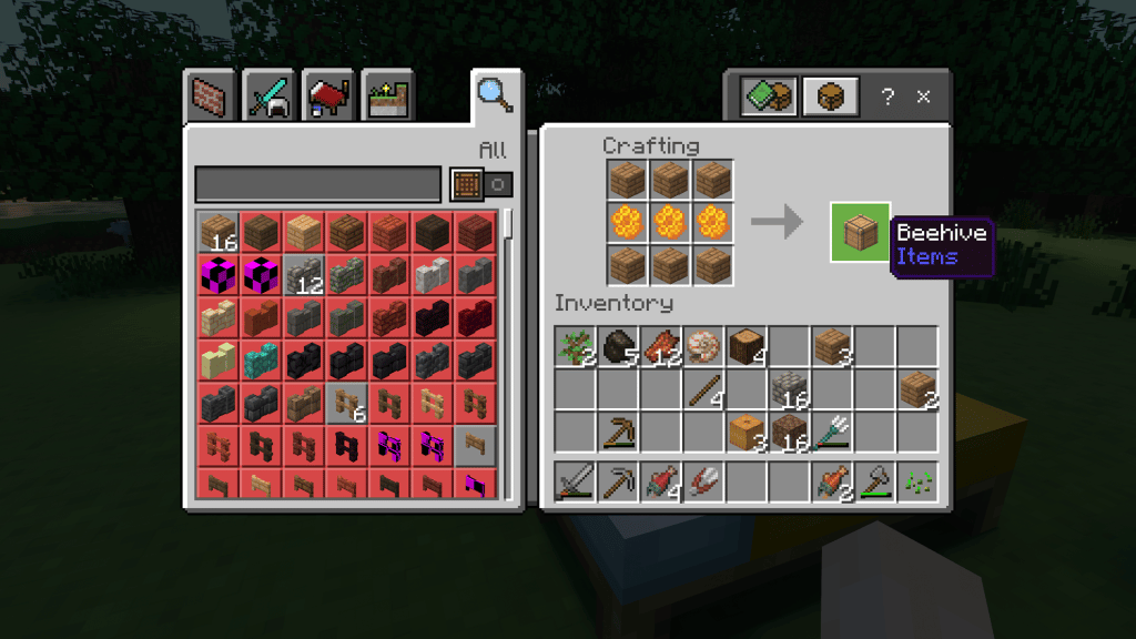 Beehive recipe that requires 3 honeycombs/beeswax and 6 planks. Placed in a sandwich style at the crafting table.