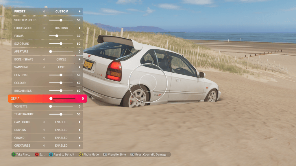 Screenshot of photo mode in Forza Horizon 4 with settings