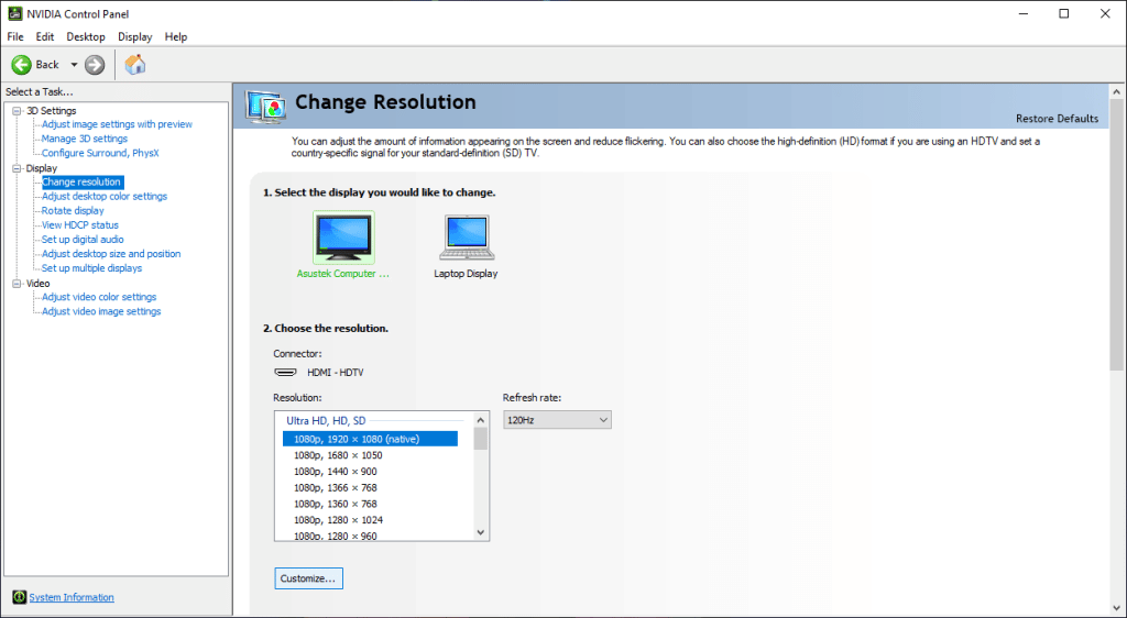 NVIDIA Control Panel resolution settings
