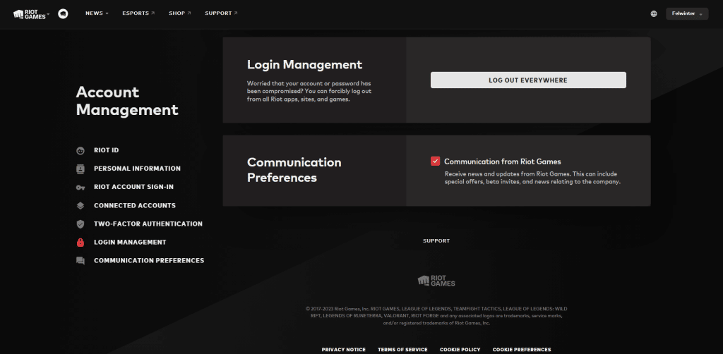 League of Legends website log out everywhere option