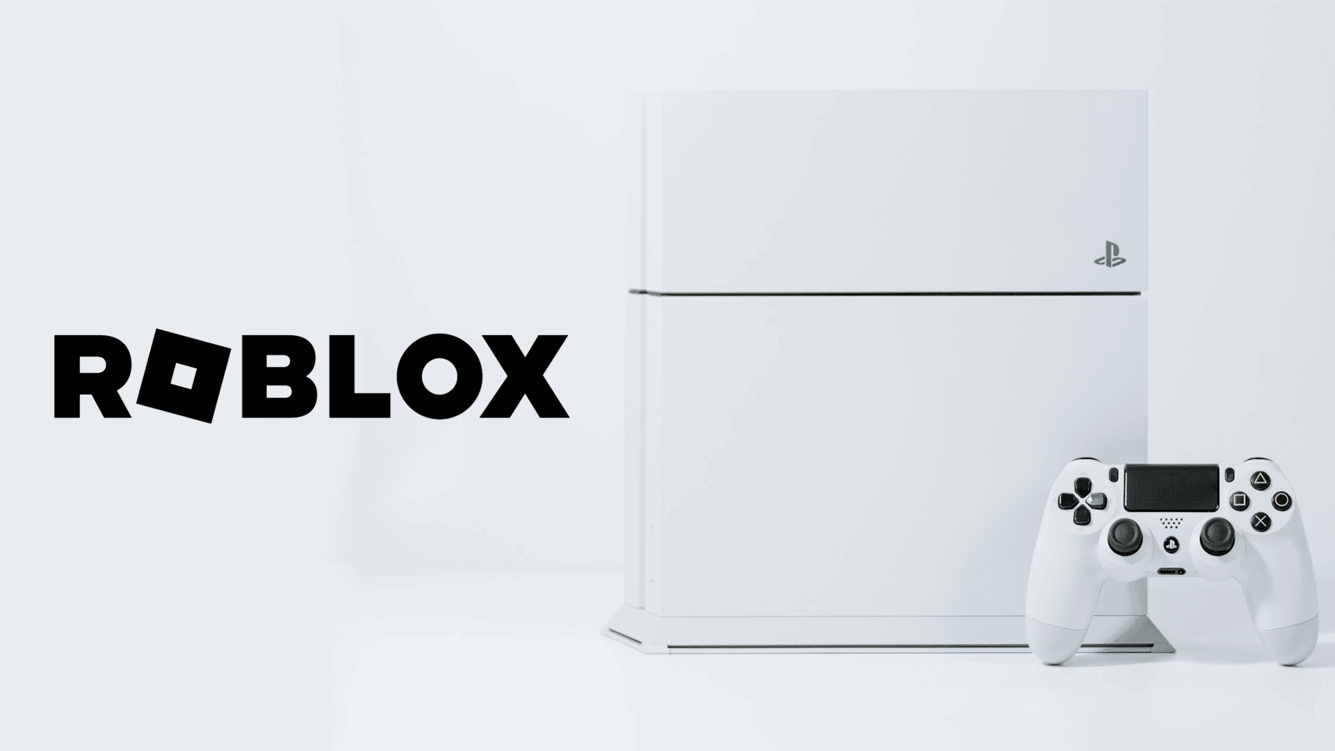 An image of Roblox's new logo and a white Playstation 4 standing side by side.