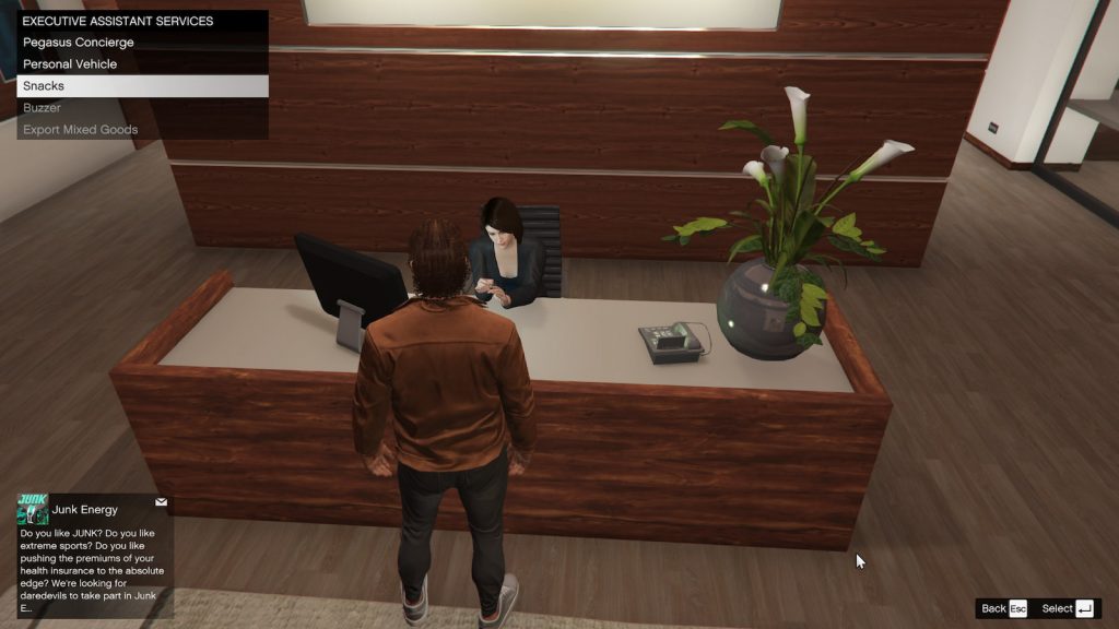 GTA 5 office assistant's service menu with snacks available