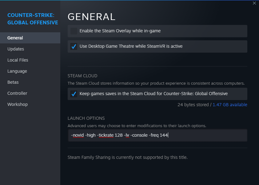 GO Steam launch options window