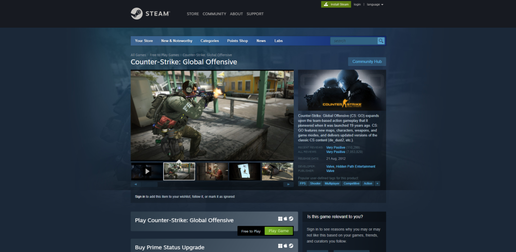 CS:GO Steam store page to play the game on Mac