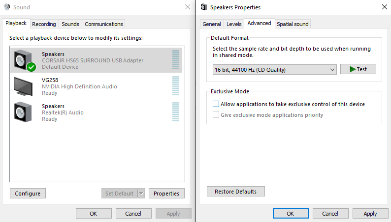 Windows sound settings including the playback devices and specific device's properties window