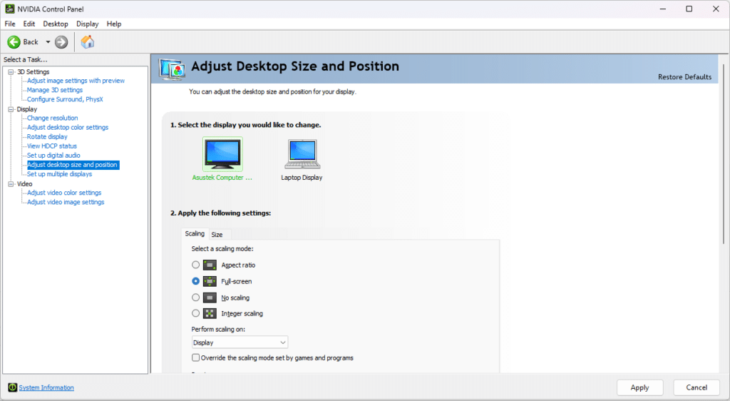 NVIDIA Control Panel display settings, "Adjust desktop size and position" menu.
