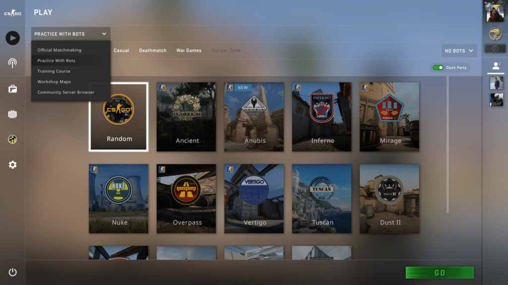 CS:GO play menu with the matchmaking options