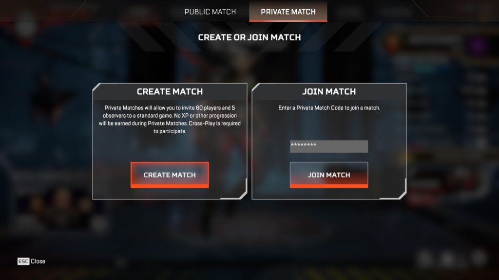 Private Match creation screen