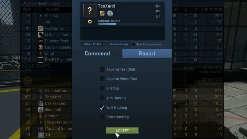 CSGO report menu does not listing smurfing as an offense 