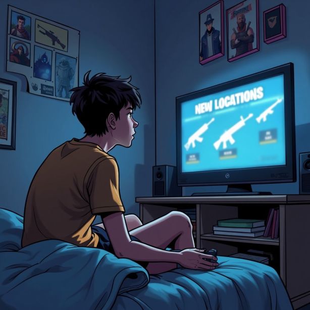 A young adult playing Fortnite Chapter 5 Season 4 in their bedroom. A young adult playing Fortnite Chapter 5 Season 4 in their bedroom.