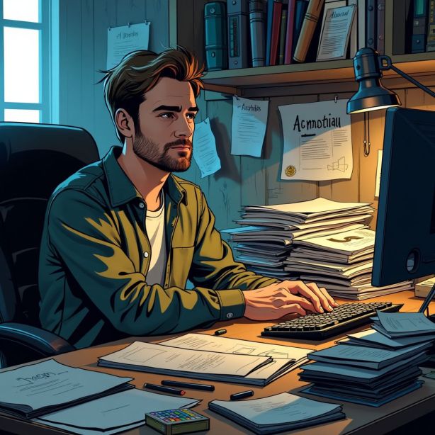 A man works diligently on game development in a cluttered office. A man works diligently on game development in a cluttered office.