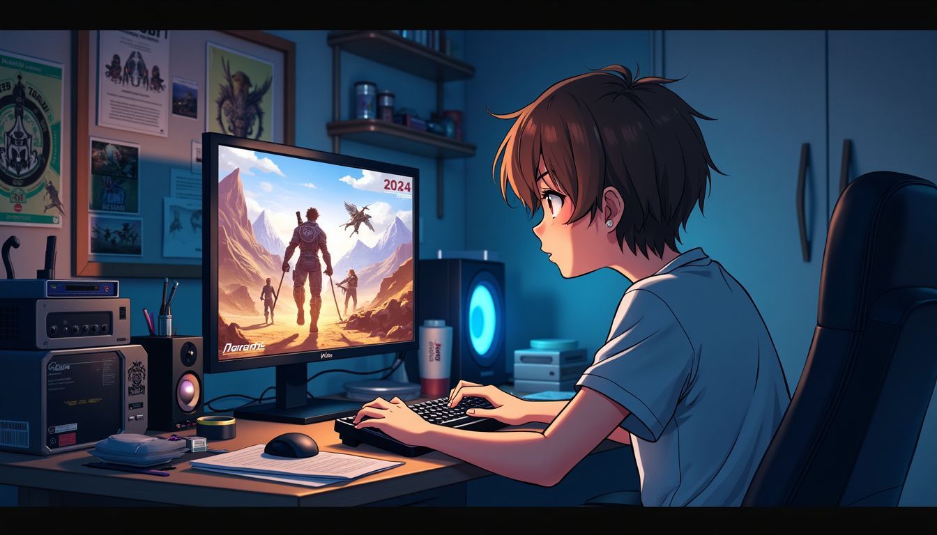A teenager immersed in a video game at a cluttered gaming desk. A teenager immersed in a video game at a cluttered gaming desk.