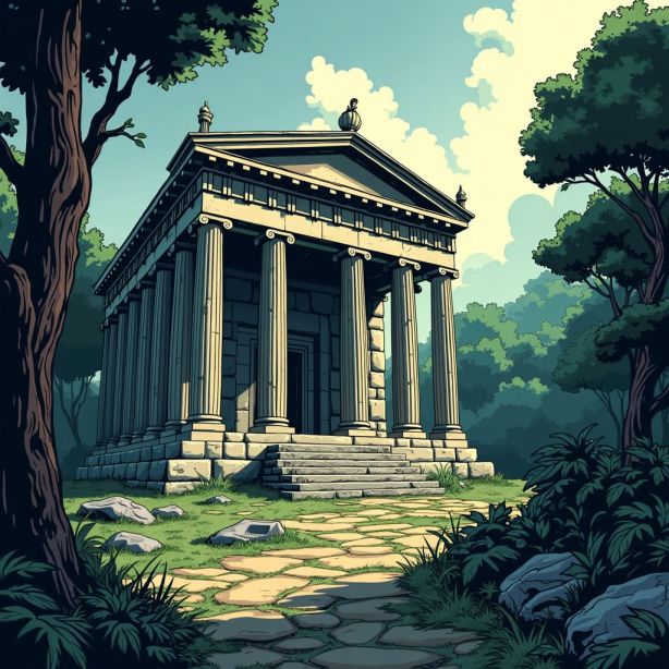 An ancient Greek temple dedicated to Zeus surrounded by a dense forest. An ancient Greek temple dedicated to Zeus surrounded by a dense forest.