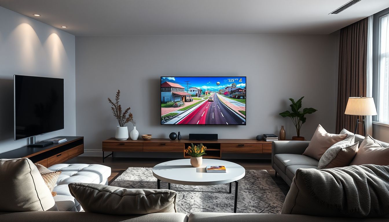 A modern living room with a sleek design featuring a colorful video game on a PS5 Pro. A modern living room with a sleek design featuring a colorful video game on a PS5 Pro.