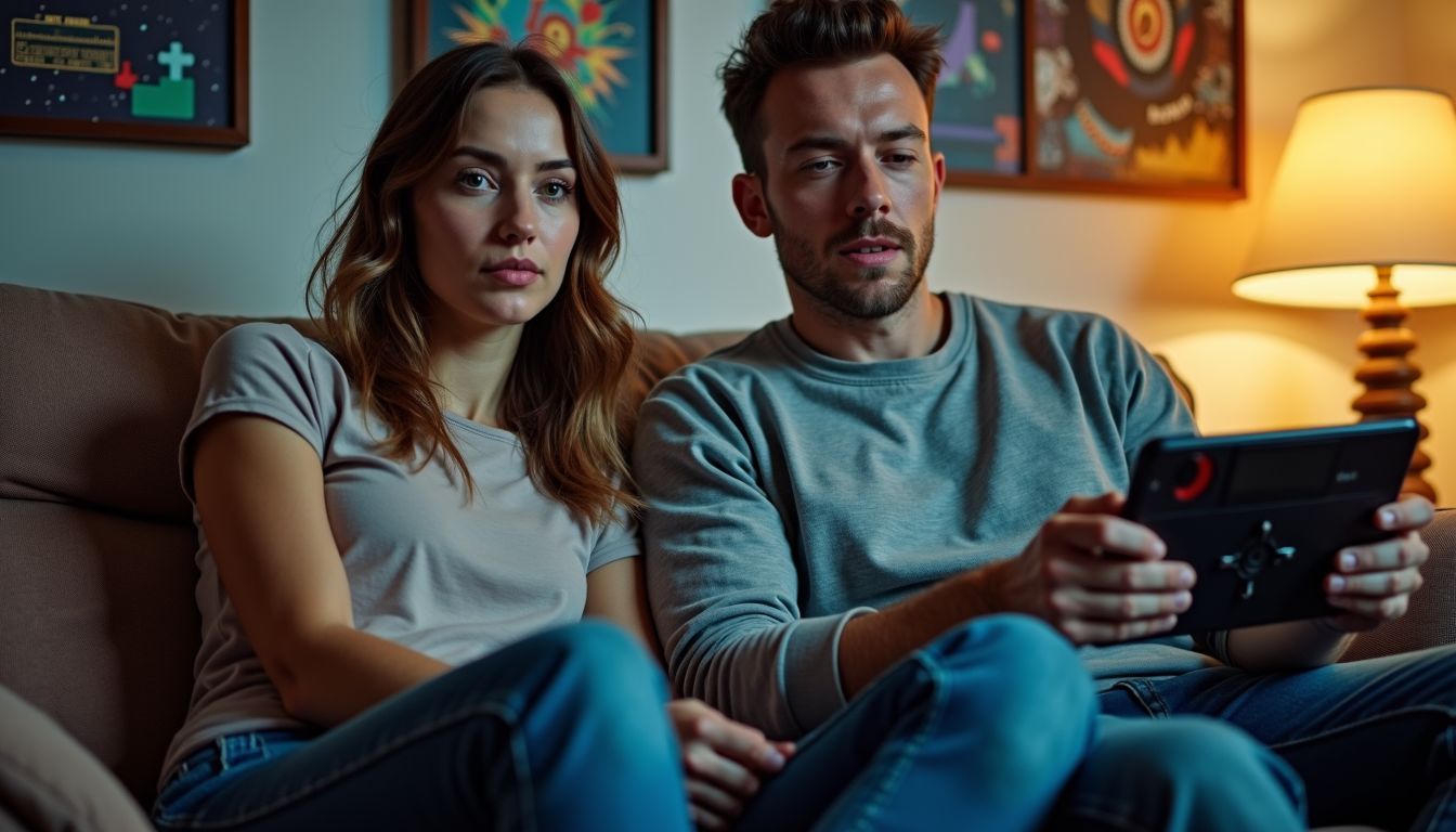 A couple in their 30s plays Astro Bot on a retro gaming console. A couple in their 30s plays Astro Bot on a retro gaming console.