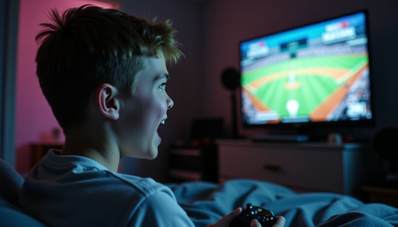A teenager playing MLB The Show 24 on Xbox in a cluttered bedroom. A teenager playing MLB The Show 24 on Xbox in a cluttered bedroom.