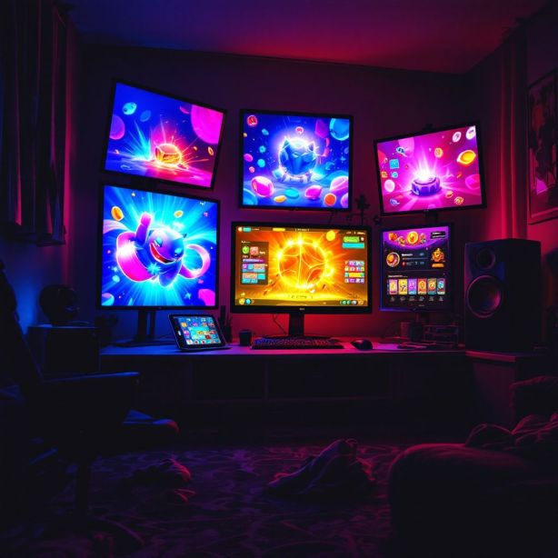 Een moderne online casino-interface met meerdere schermen in een verduisterde ruimte. Een moderne online casino-interface met meerdere schermen in een verduisterde ruimte.