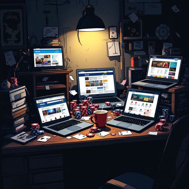 Een rommelig bureau met verschillende casinowebsites en pokerfiches. Een rommelig bureau met verschillende casinowebsites en pokerfiches.