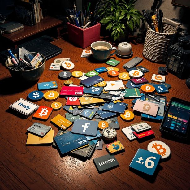 Een rommelig bureau met moderne betaalmethoden in stripboekstijl. Een rommelig bureau met moderne betaalmethoden in stripboekstijl.