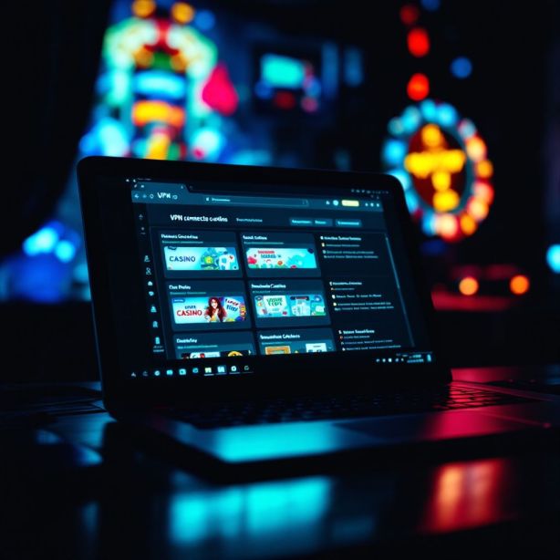 Een donkere laptop toont een VPN-verbinding en online casinowebsites, met een nadruk op privacy. Een donkere laptop toont een VPN-verbinding en online casinowebsites, met een nadruk op privacy.