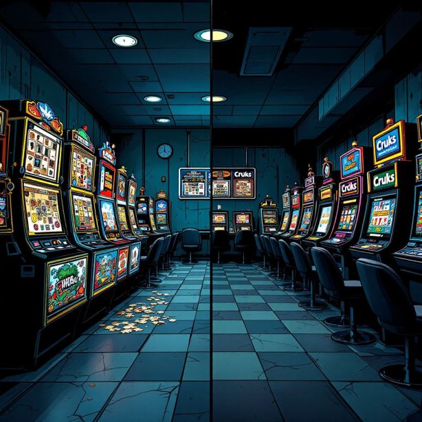 Een casinozaal met chaotische en ongereguleerde gokmachines naast strakke, gereguleerde machines met Cruks-logo's. Een casinozaal met chaotische en ongereguleerde gokmachines naast strakke, gereguleerde machines met Cruks-logo's.