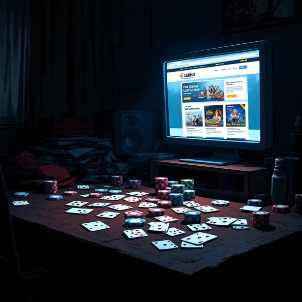 Een rommelige kamer met een glanzend computerscherm van een online casino. Een rommelige kamer met een glanzend computerscherm van een online casino.