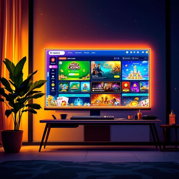 Een moderne online casino interface op een grote monitor in een gezellige setting. Een moderne online casino interface op een grote monitor in een gezellige setting.