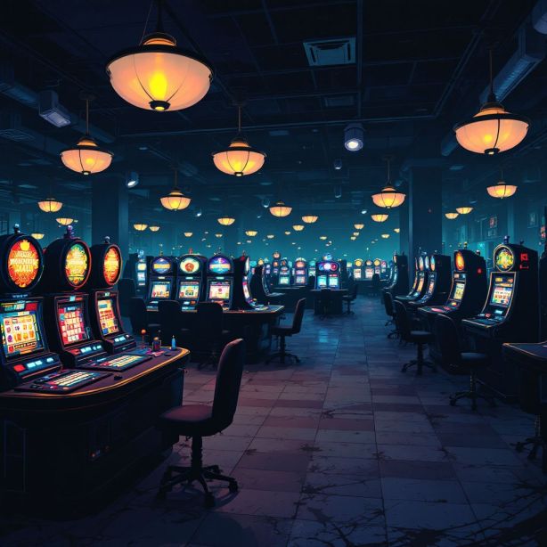 Een verlaten casino met lege gokmachines en tafels. Een verlaten casino met lege gokmachines en tafels.