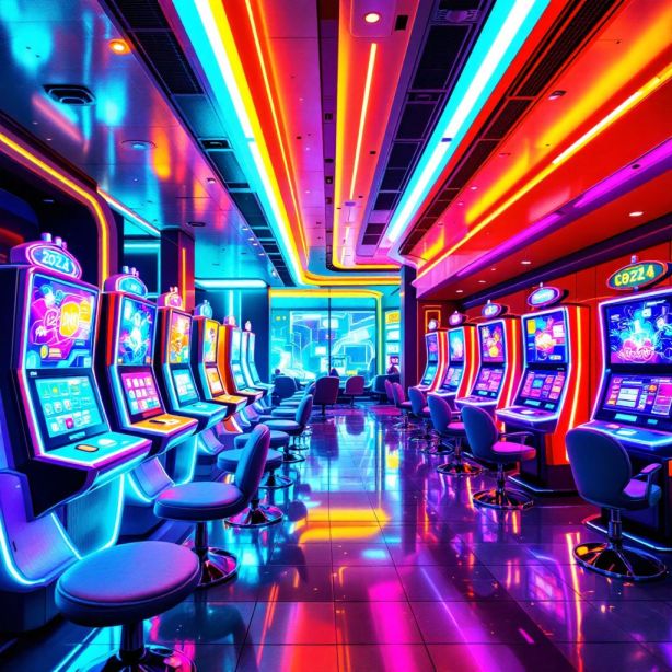 Een futuristisch casino met geavanceerde spelautomaten en levendige sfeer. Een futuristisch casino met geavanceerde spelautomaten en levendige sfeer.
